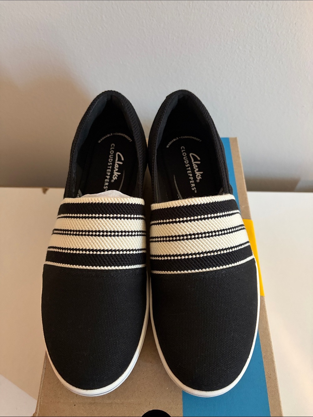 Clarks Black Slip-On Canvas Loafers with Cream Stripes image 3
